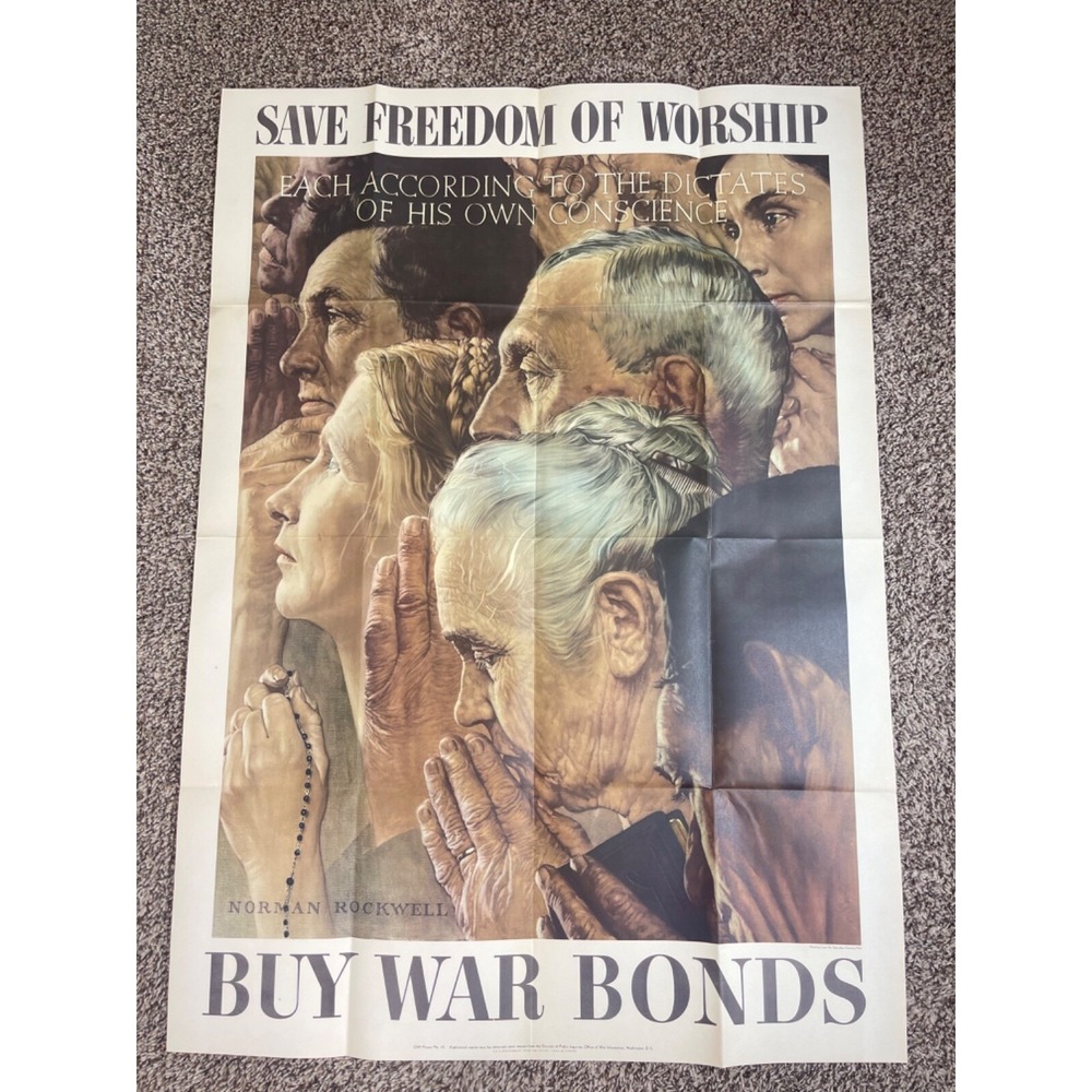 Original Norman Rockwell 1943 WWII "Save Freedom of Worship Buy War Bonds" OWI43